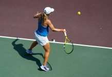 Berta Bonardi (University of West Florida) returns with a forearm at the 2020 Oracle ITA National Summer Championships in College Station, Texas