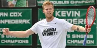 Matthias Haim of Georgia Gwinnett College Men's Tennis celebrates after a singles win on March 15, 2021