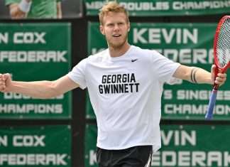 Matthias Haim of Georgia Gwinnett College Men's Tennis celebrates after a singles win on March 15, 2021